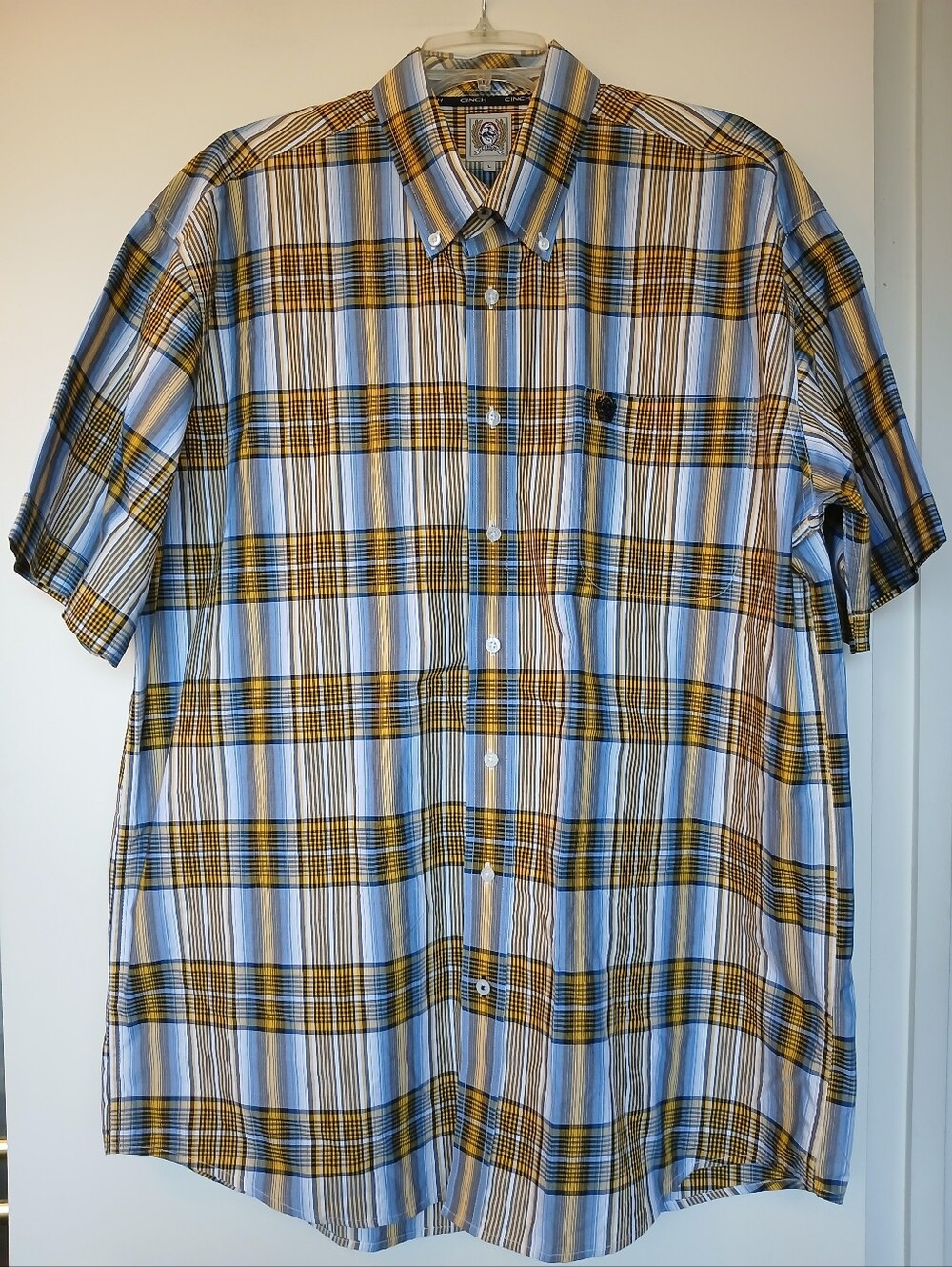 Cinch Western Button Down Men's Short Sleeve Plaid Shirt Blue Gold Size Large